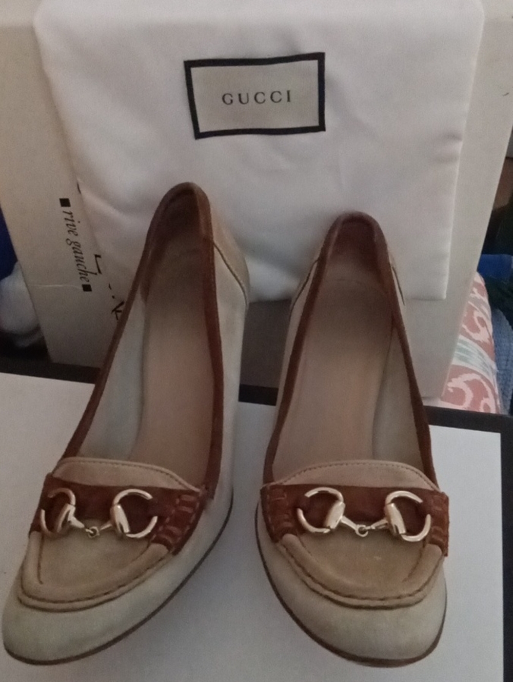 Gucci Two-Tone Beige and Brown Leather Horsebit Loafers